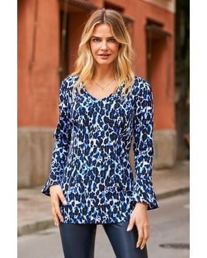 Sosandar Print Fluted Sleeve Top - Blue