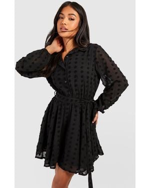 Boohoo Petite Dobby Belted Skater Dress - Black