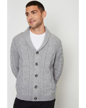 Threadbare Cable Knit Shawl Collar Cardigan With Wool - Grey