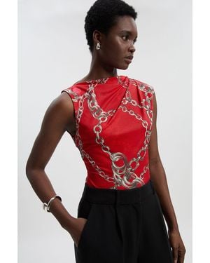 Karen Millen Chain Print Crepe Asymmetric Neck Sleeveless Top - Red