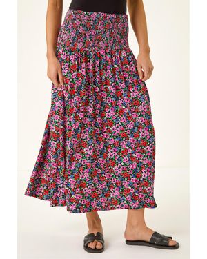 Roman Petite Floral Print Shirred Midi Skirt