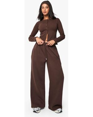 Boohoo Rib Button Through Long Sleeve Top Tracksuit - Brown