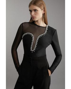 Karen Millen Figure Form Bandage Mesh Detail Embellished Knit Top - Black