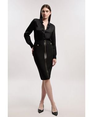 Karen Millen Pu Tipped Military Bandage Midi Skirt - Black