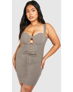 Boohoo Plus Bengaline Lace Up Bodycon Dress - Grey