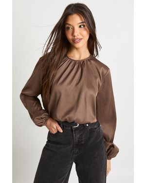 Boohoo Pleated Balloon Sleeve Top - Brown