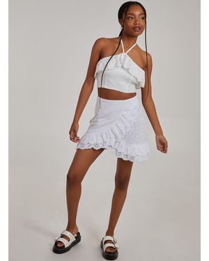 Pink Vanilla Halter Neck Broderie Frill Hem Crop Top - White