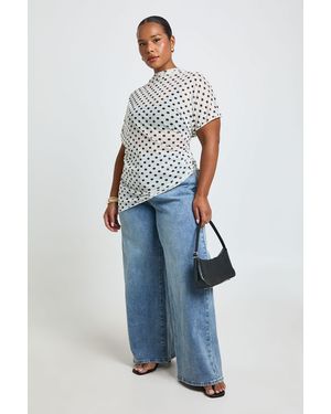 Boohoo Plus Mesh Polka Dot High Neck Ruched Side Asymmetric Top - Blue