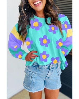 Everyday the Label Sky Floral Colour Block Long Sleeve Loose Top - Blue