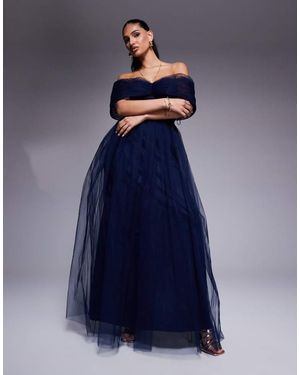 LACE & BEADS Bow Off Shoulder Tulle Maxi Dress - Blue