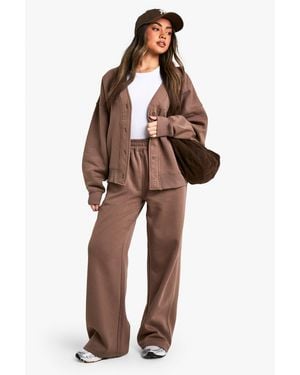 Boohoo Button Through Cardigan Sweatshirt And Straight Leg Jogger Tracksuit - Brown