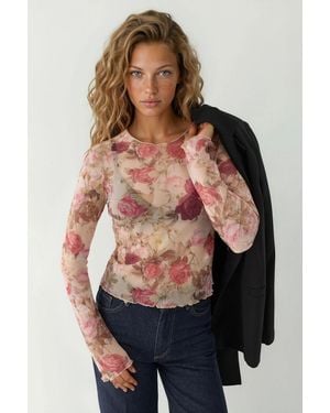 Hiccup Patterned Long Sleeve Sheer Blouse - Pink