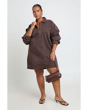 Boohoo Plus Denim Zip Up Shift Dress - Brown