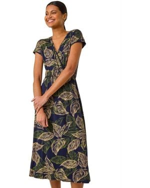 Roman Leaf Print Midi Wrap Dress - Blue