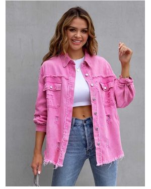 Everyday the Label Distressed Drop Shoulder Fringe Denim Jas - Roze