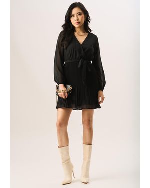 Gini London Pleated Long Sleeve Wrap Mini Dress - Black