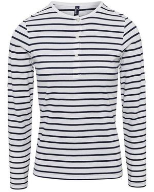 PREMIER Ladies Long John Striped Roll Sleeve T-Shirt - Blue