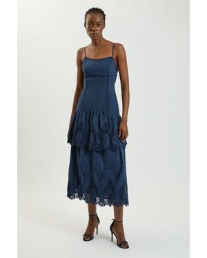 Karen Millen Cotton Cutwork Strappy Woven Midi Dress - Blue