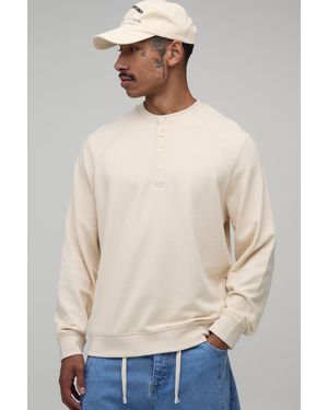 BoohooMAN Regular Fit Raglan Panel Henley Jumper - Natural