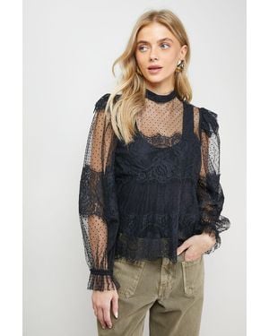 Oasis Lace Frill Detail High Neck Sheer Blouse - Blue