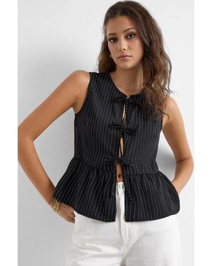 Hiccup Striped Sleeveless Blouse With Lace-Up Detail - Black