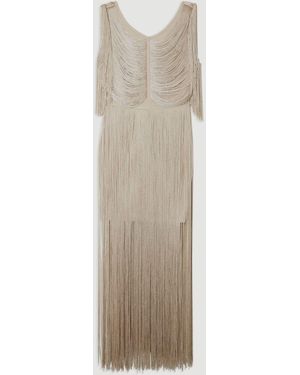 Karen Millen Maxi Draped Fringe Knitted Mini Dress - Natural