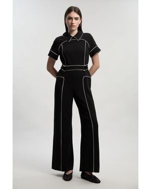Karen Millen Compact Stretch Contrast Tipped Tab Detail Tailored Jumpsuit - Black