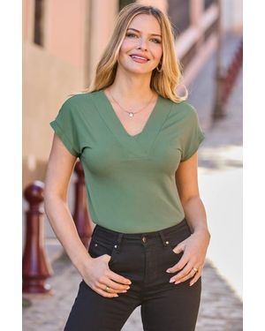 Sosandar Khaki Premium V Neck T-Shirt - Green