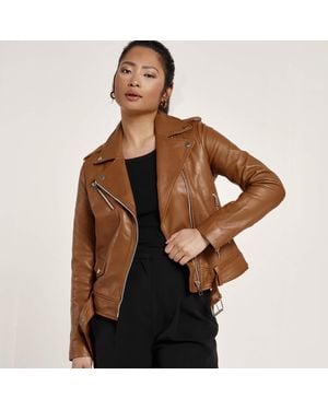 Barneys Originals Real Leather Biker Jacket - Brown