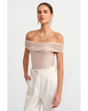 Hiccup Off Shoulder Ruched Bodycon Top - Natural