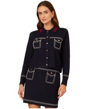 Adrianna Papell Long Sleeve Cropped Button Down Tipped Jumper Jacket - Blue