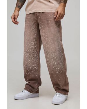 BoohooMAN Relaxed Fit Overdyed Rhinestone Denim Jeans - Brown
