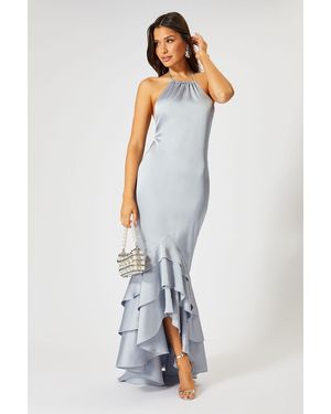 MissPap Satin Asymmetric Strap Pleated Waist Low Back Maxi Dress in Brown |  Lyst UK