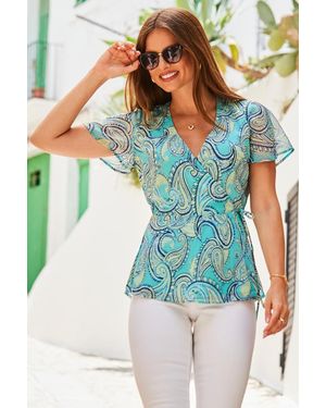 Sosandar Paisley Print Angel Sleeve Wrap Top Denim - Blue