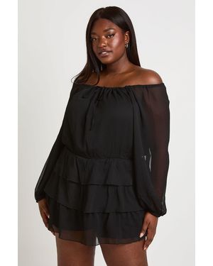 Boohoo Plus Blouson Tie Front Bardot Chiffon Playsuit - Black