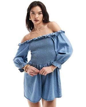 ASOS Soft Denim Off Shoulder Playsuit With Frill Detail - Blue