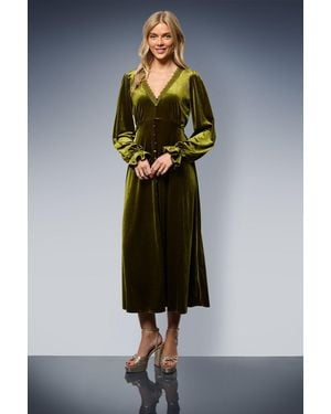 Oasis Velvet Lace Trim Button Through Midi Dress - Green