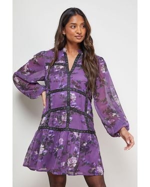 Oasis Printed Embellished Trim Detail Chiffon Mini Dress - Purple