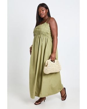 Boohoo Plus Cotton Poplin Shirred Strappy Maxi Dress - Green