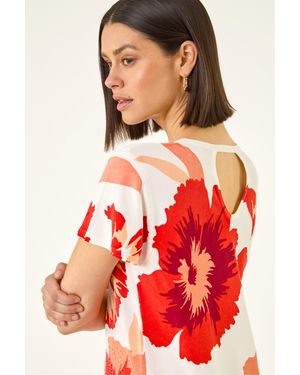 Roman Floral Print Embellished Knit Top - Red