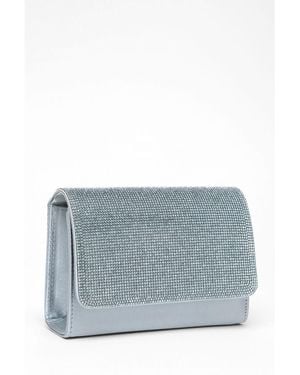 Quiz Light Satin Diamante Clutch Bag - Grey