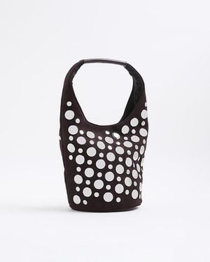 River Island Bucket Shoulder Bag Faux Suede Studded - Black