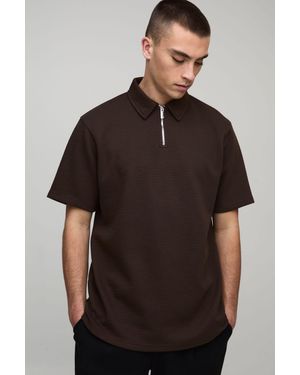 BoohooMAN Regular Fit Heavyweight Textured Herringbone Zip Neck Polo - Brown