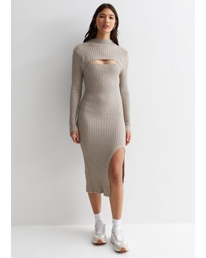 Gini London Beige Geribbelde Bodycon Midi-jurk Met Uitsnijding - Grijs