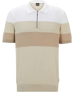 BOSS Zip Neck Collared Short Sleeve Shirt - Natural