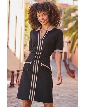 Sosandar Taupe Contrast Trim Drawstring Ponte Dress - Black