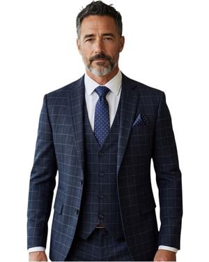 TruClothing Navymens Checked 3 Piece Tailored Fit Formal Work Suit - Blue