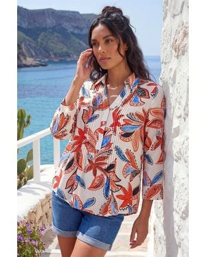 Roman Leaf Print Pintuck V-Neck Top - Red
