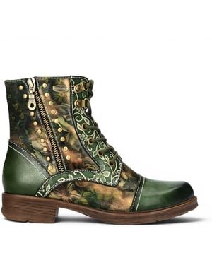 Laura Vita Floral Victorian Leather Lace-Up Ankle Boots - Green