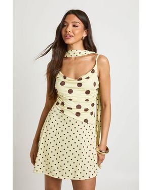 Boohoo Tonal Polka Dot Scarf Detail Mini Dress - Yellow